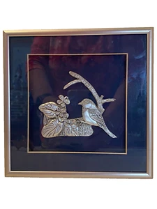 Aitkens Framed Chickadee Bird & Violet Crest Framed Pewter Art Blue & Silver 8" - Picture 1 of 7