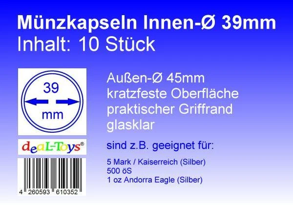 DEAL-TOYS® 10 Münzkapseln 39mm, geeignet für 5 Mark / Kaiserreich (Silber)