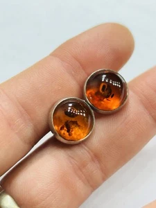 Large silver and amber stud earrings-11 mm diameter - Picture 1 of 4