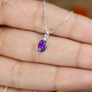 Kleiner ovaler Amethyst Sterling 925 Silber Anhänger Halskette Damen Schmuck Geschenk - Bild 1 von 4