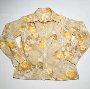 VTG 70s Womens Top Daggar Collar Button Down Long Sleeve Yellow Floral Rose L - Picture 1 of 12
