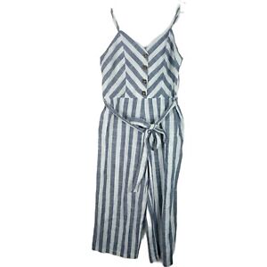Kensie Jeans Womens Linen Romper Striped with Waist Tie Large Blue White NEW