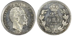 SWEDEN Oscar I Silver 1856 ST 25 Ore SCARCE UNC KM# 684 (21 662) - Picture 1 of 3