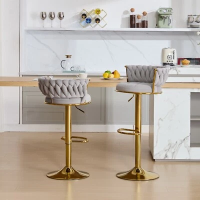 Set of 2 Adjustable Bar Stools Velvet Swivel Chairs Counter Height, Black White - Image 1 of 4