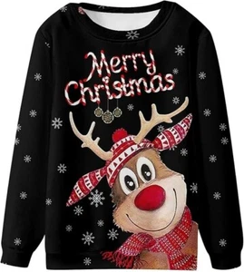 Ladies Size M 46" Chest Fit 16 18 20 Black Long Sleeve Reindeer Xmas TOP Sweater - Picture 1 of 2
