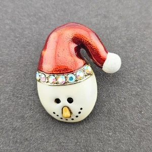 Snowman Brooch Pin Rhinestone Accent Santa Hat Winter Holiday Christmas Retro - Picture 1 of 3