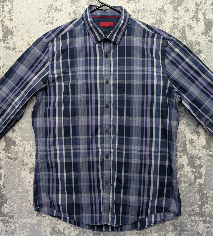 Alfani Slim Fit Men's Dress Shirt Blue Purple Plaid Cotton L Chest 44" GUC - Image 1 of 4