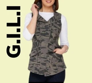 G.I.L.I Gili Camouflage Printed Zip Collar Belted Vest Sz 6 Greens Casual - Picture 1 of 12