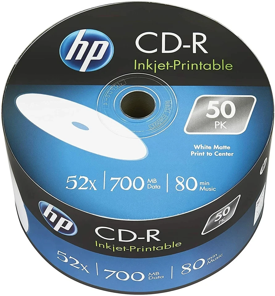 100 Genuine HP Inkjet Printable CD-R 80 mins Blank CD Discs 700MB 52X - Image 1 of 1