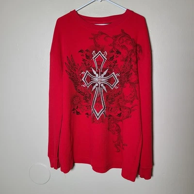 Vintage Old Skool 2XL Red Longsleeve Waffle Shirt Y2K Hip Hop Affliction Style - Image 1 of 4