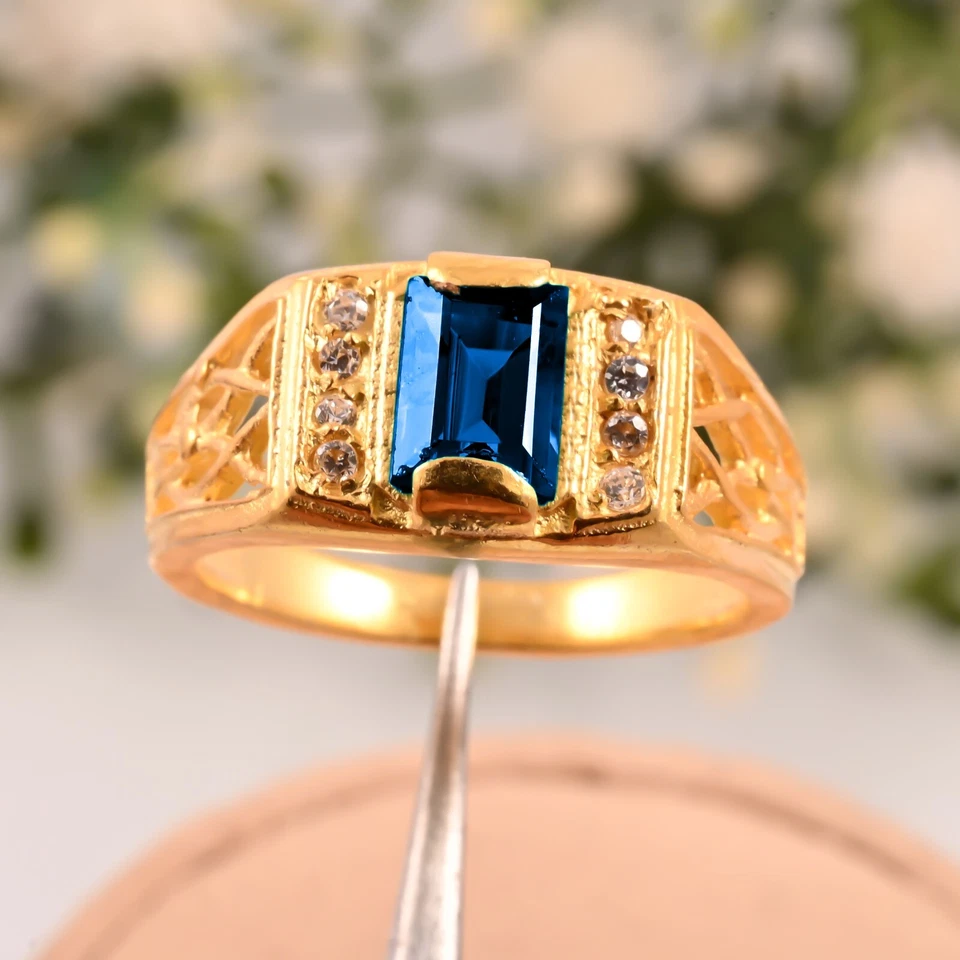 Anel feito à mão AAA natural topázio azul Londres ouro amarelo 14K para presente de casamento. - Imagem 1 de 3