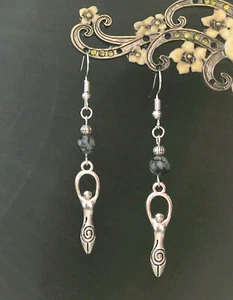 Earth Mother Goddess Charm Snowflake Obsidian Dangly Earrings - Pagan Celt Wicca - Picture 1 of 5