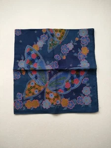 Vintage Japanese Handkerchief Indigo Aizome Scarf Flower Butterfly 20.5" Japan - Picture 1 of 5