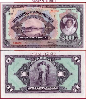 CZECHOSLOVAKIA 5000 5.000 KORUN 6 7 1920 SPECIMEN P 19 UNC free shipping - Image 1 of 3