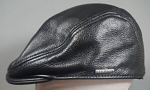 STETSON Mens Leather Newsboy Hat S/M Black Cap Golf Driver Cabbie