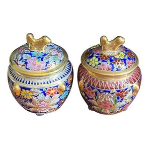 Set of 2 Mini Maitland-Smith Lidded Porcelain Jars - Animal On Lid - Picture 1 of 8