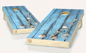 Rustic Blue Beach Shells Cornhole Board Vinyl Wrap Laminated Sticker Set Decal - Picture 1 of 3