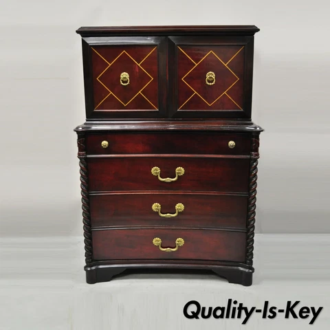 Vintage Hollywood Regency Mahogany Leather Door Tall Chest on Chest Dresser Cover