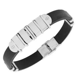Stainless Steel Black Rubber Silver Tone Screws Mens Bangle Bracelet with Clasp - Picture 1 of 3