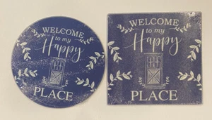 Round And Square Glass Cutting Board Set 8” Welcome To My Happy Place Blue Home - Picture 1 of 10