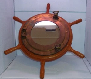 Vintage Ship's Wheel With Fully Functional Brass Porthole W/Mirror Insert - Picture 1 of 2