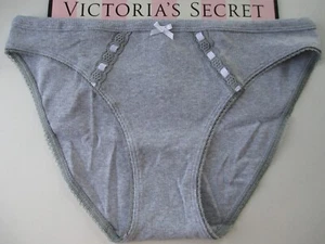 VICTORIA'S SECRET Bikinihöschen aus Baumwolle VS hellgrau & weißes Band Schlitz M L XL - Bild 1 von 5