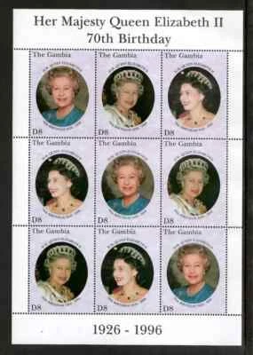 Gambia, 1996 Reina Isabel 70º Día B Hoja de Estampillas de 9 Estampillas MNH, Scott #1744 Foto 1 de 2