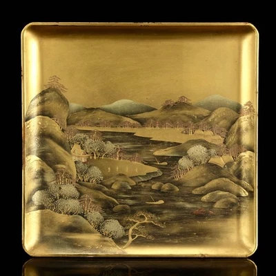 Bandeja de madera lacada Makie patrón paisaje obon 7,2 pulgadas japonesa antigua Foto 1 de 4