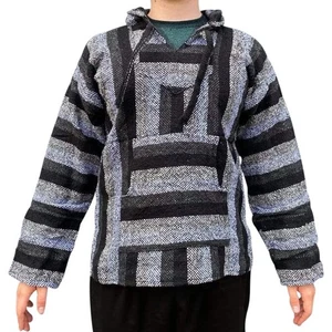 Mexican Poncho Baja Hoodie Surfer Drug Rug Pullover Made Mex Unisex Black Grey - Imagen 1 de 2