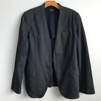 Theory Jacket Womens 10 Linen Blue Open Front Short Collarless Pockets Beach - Image 1 of 4