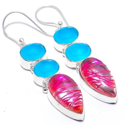 Quarzo rutilato rosa, onice gemma argento sterling 925 orecchino gioiello 2,3" - Immagine 1 di 4