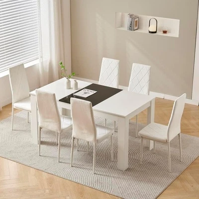 Modern White Dining Table Set 6 Velvet Chairs | Space-Saving Kitchen - Image 1 of 4