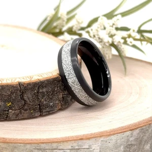 8mm black Tungsten Comfort Fit Ring Meteorite Texture Inlay Brushed Finish Band - Picture 1 of 4