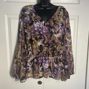 Rachel Roy Shirt Damen 1X lila braun Blumen Gummibund Whimsigoth Bluse - Bild 1 von 13