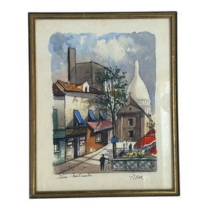 Framed Paris Montmartre Original France 70s Watercolor Mixed Media Art 16x12 in - Picture 1 of 8