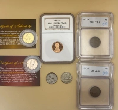 Lincoln Cent Lot • 1913-S ICG • 2004-S PF69 NGC • Gold Plated 1943 • White Cents - Image 1 of 4