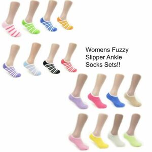 Women's Colorful Striped Solid Soft Casual Fuzzy Ankle Slipper Socks With Grip