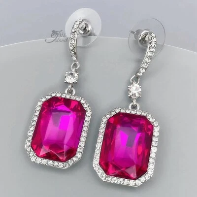 Women Fuchsia Pink Crystal Rhinestone Drop Dangle Earrings Silver Octagon 06889 - Image 1 of 4