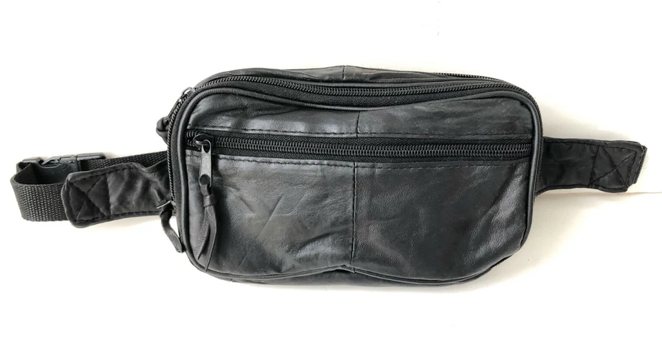 Black Leather Sport Fanny Pack Travel Waist Hip Slim Jogging Bag Men Women