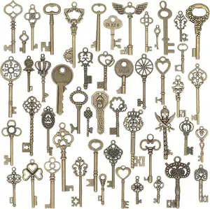 50Pcs Vintage Skeleton Key Charms Set Jewelry Making, Mixed Antique Bronze Keys - Picture 1 of 7