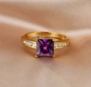 2Ct Princess Lab Created Amethyst Women's Solitaire Ring 14K Yellow Gold Plated - Picture 1 of 8