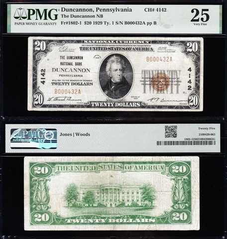 NICE *SCARCE* Bold & Crisp VF 1929 $20 DUNCANNON, PA National Banknote! PMG 25! Cover
