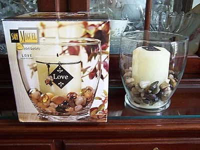 San Miguel Sentiments Love Glass Hurricane Candle Holder with Candle Rocks Beads - Image 1 of 4