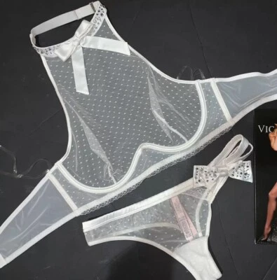 Victoria's Secret high-neck 34C 34D 36B M BRA SET S thong WHITE Mesh SHINE STRAP - Image 1 of 4