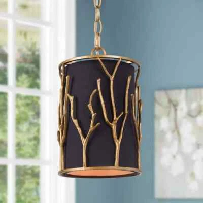 LNC Black Pendant Light Cylinder Fabric Shade Copper Cage Modern Drum Design - Image 1 of 4