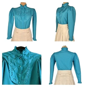 Vintage 80er S/M Bluse hoher Kragen blau Puffärmel Blumen Spitze Victorian Secretary - Bild 1 von 15