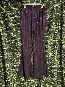 Retro Disco Shiny Sparkle Bell Bottom Stretch Pants Black Purple Size Large - Picture 1 of 5