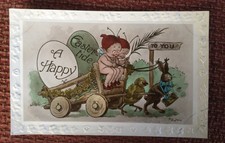 Vintage Old Easter Postcard FG Lewin signed Bunny Elves Eggs Chick Cart Embossed