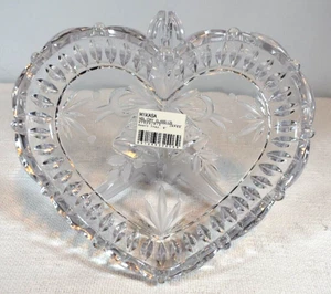 MIKASA Holiday Classic Heavy Crystal Heart-Shaped Dish w/Frosted Bells & Leaves - Picture 1 of 11