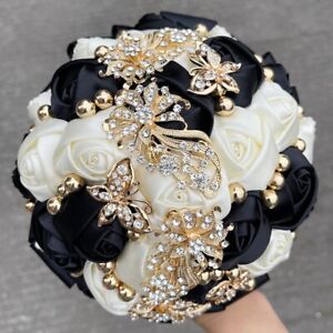 New Bridal Bouquet Exquisite Rhinestone Silk Rose and Pearl Handmade
